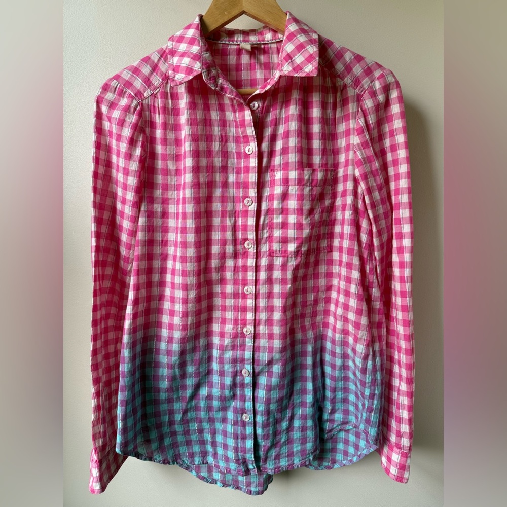 PILCRO Anthropologie Deb Shimmer Gingham Plaid Button Down Shirt Ombré XS